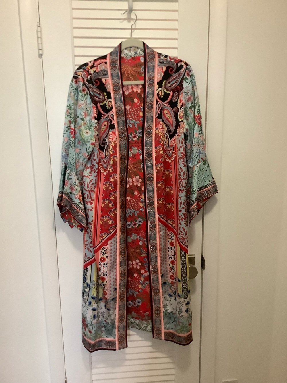 Floral Patchwork Satin Kimono Duster - Red Multi